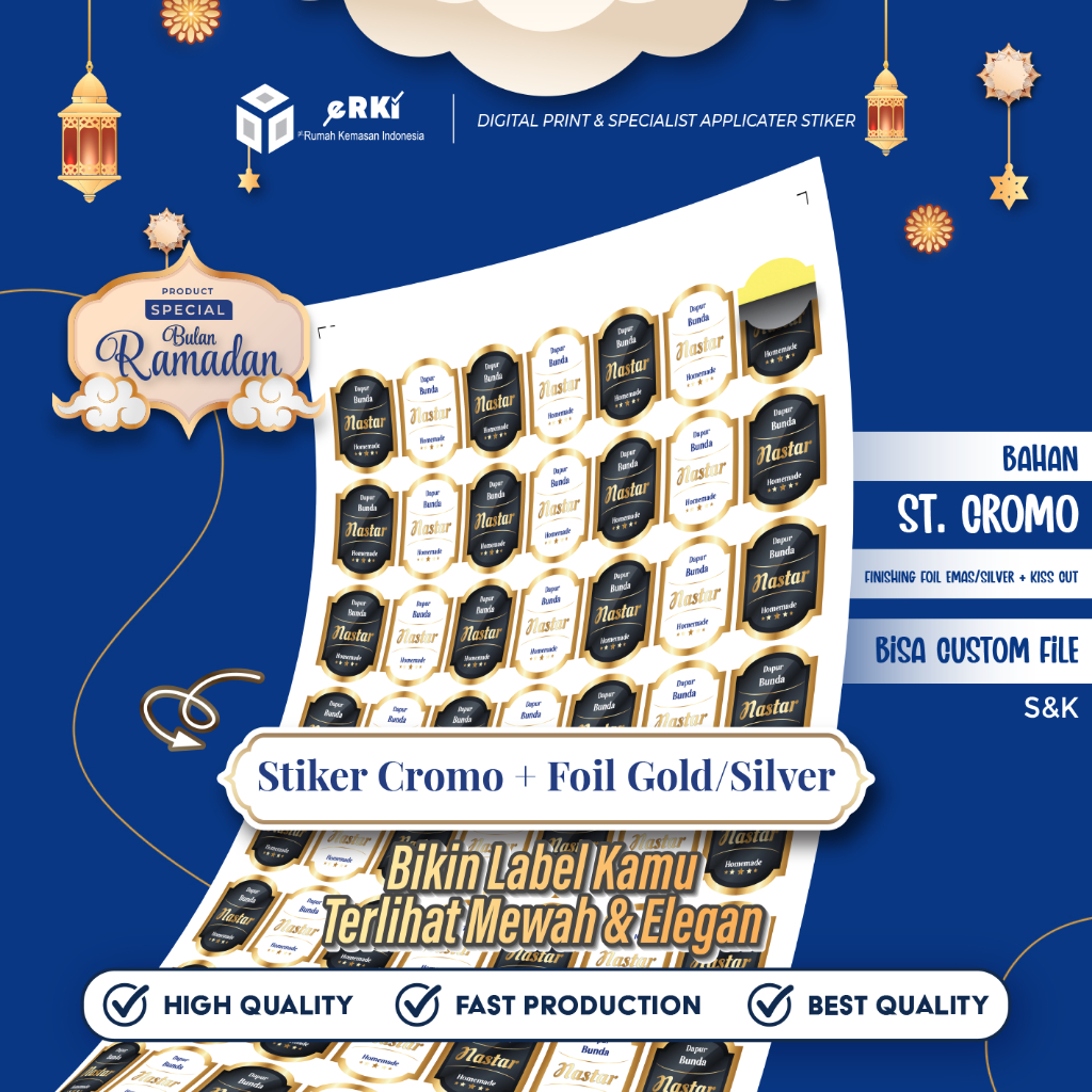 

Cetak Stiker Cromo / Foil Emas / Silver / Custom Design / Ramadhan / Label Nastar / Free Kiss Cut