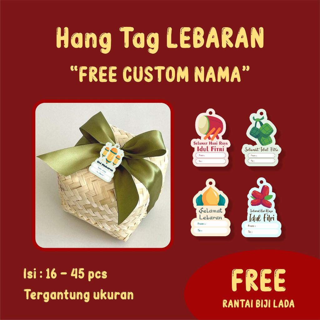 

Hang Tag Lebaran Eid Mubarak Idul Fitri Full Color FREE CUSTOM Nama dan RANTAI Biji Lada