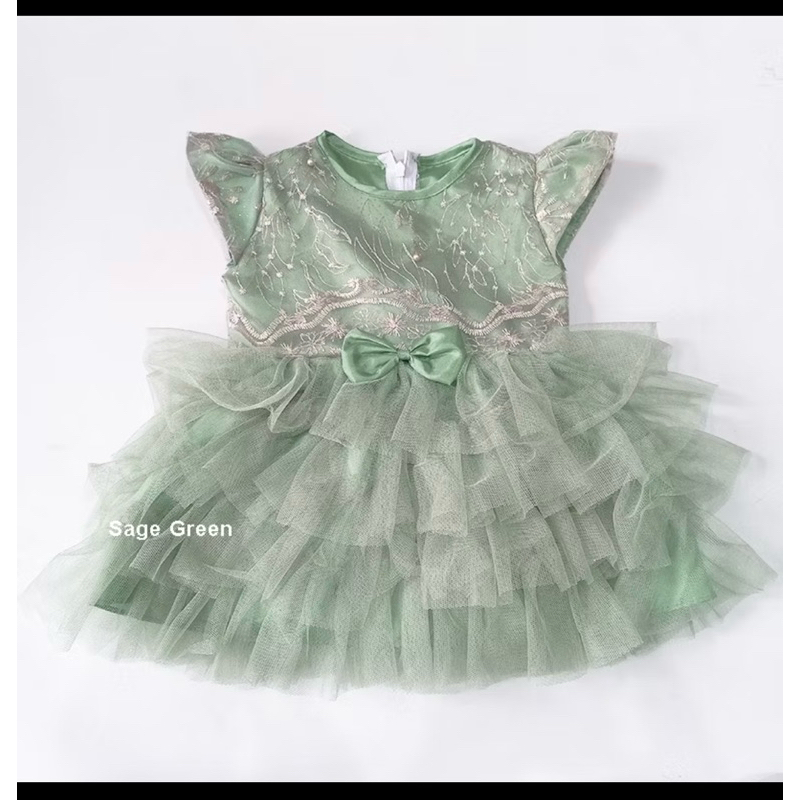 Dress Baju Gaun Pesta Bayi Perempuan 0-12 bulan Warna Sage Green