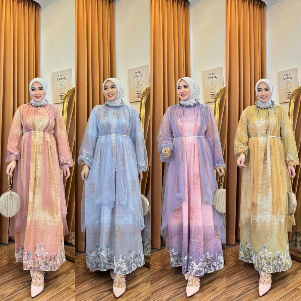 KARIMAA SET 2IN1 BAHAN CERUTI+OUTER TULLE+FREE BELT / GAMIS LENGAN PANJANG