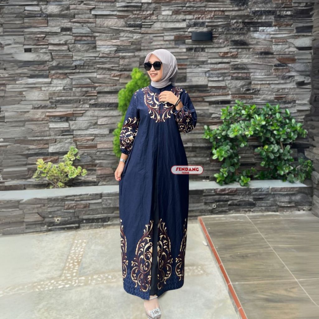 SENDANG FASHION Gamis Lebaran Moderan Belah Tengah Kombinasi Motif Dara Biru Navy Terbaru Bahan Katu