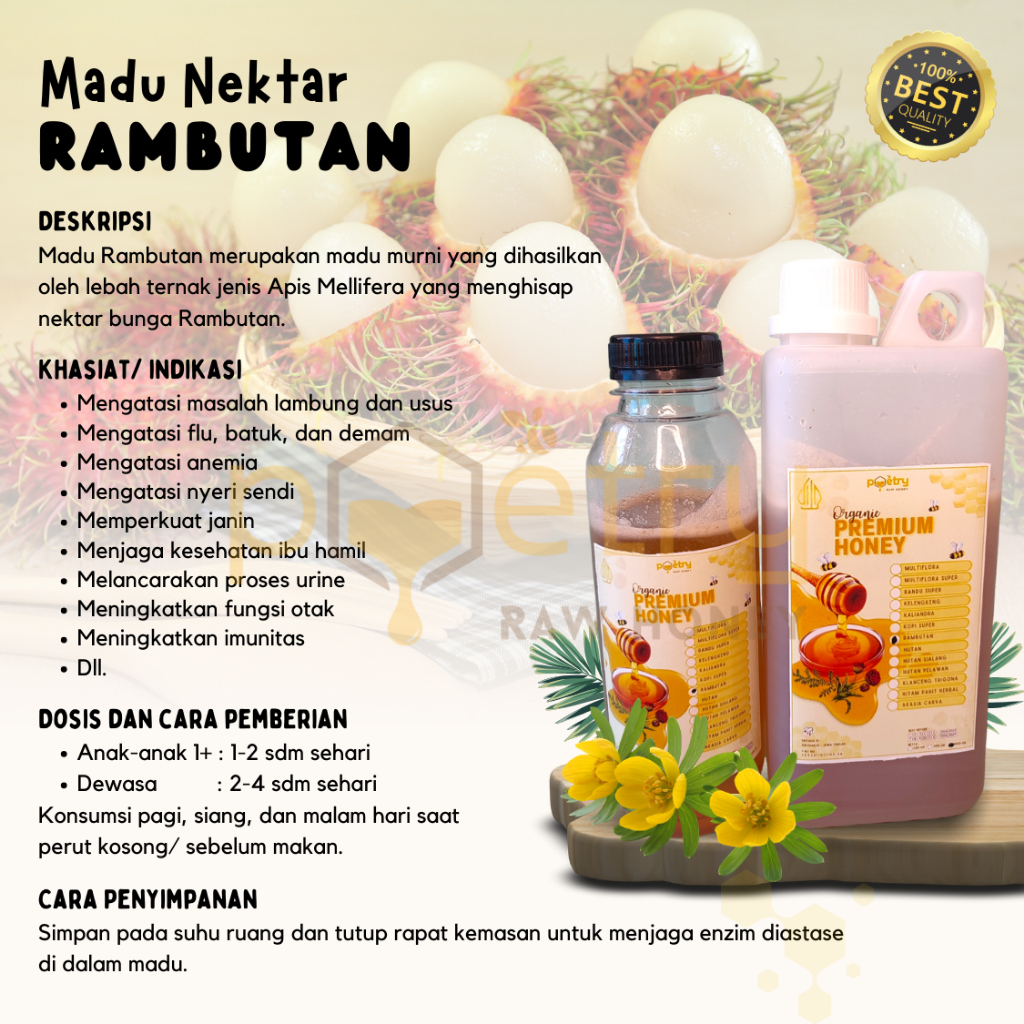 

Madu Putri Murni Asli Nektar Rambutan Grade A 100% Mentah Alami Pure Raw Honey 1kg