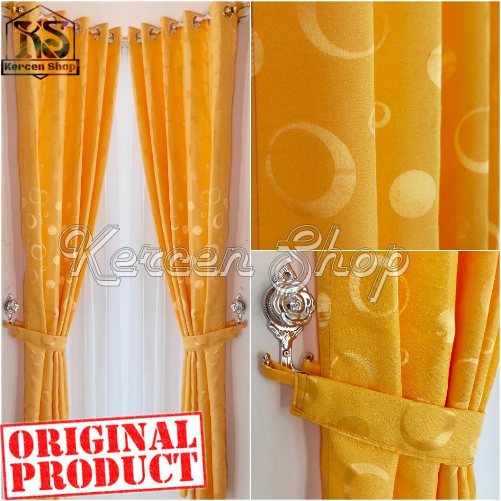 Gorden Jendela Panjang 150 Cm  Bahan Tebal Polkadot Kuning Model Smockring