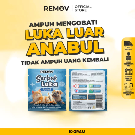 Remov Serbuk Obat Luka Luar Cakar Bernanah Pasca Operasi Antiseptik Antibiotik Kucing Anjing 10gr