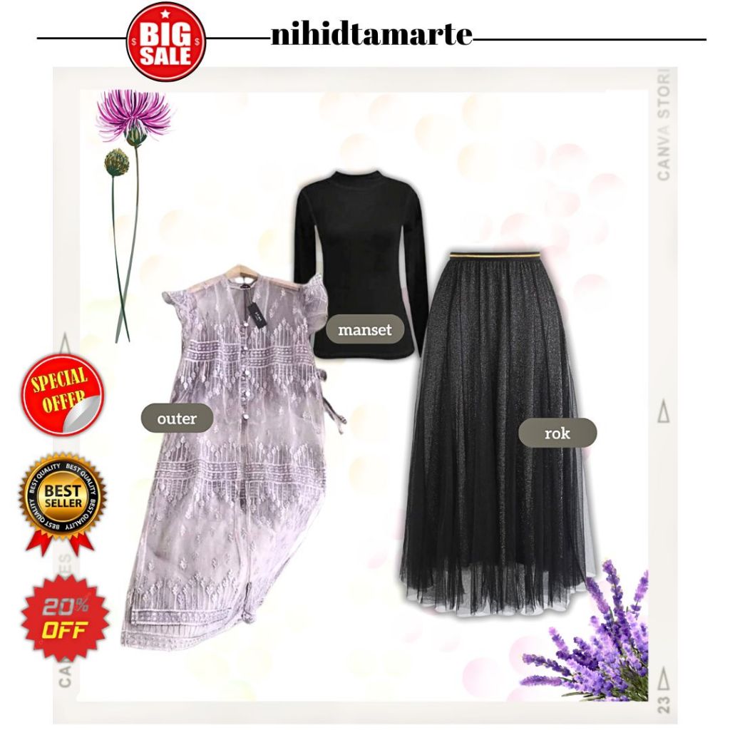One Set Outer Brukat Sapto (Outer Tunik Brukat + Rok Tutu Panjang + Manset) Baju Lebaran/ Kondangan