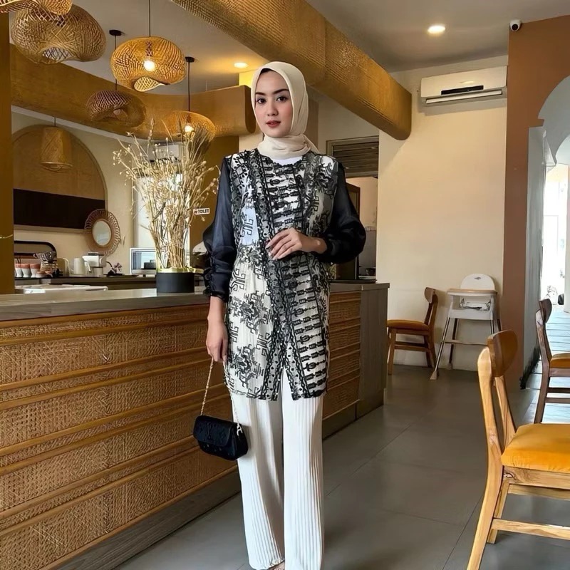 ✅One Set Setelan Outer Brukat Kondangan/Outer Tunik Brukat Etnik Mix Organza/Hari Raya /Wisuda