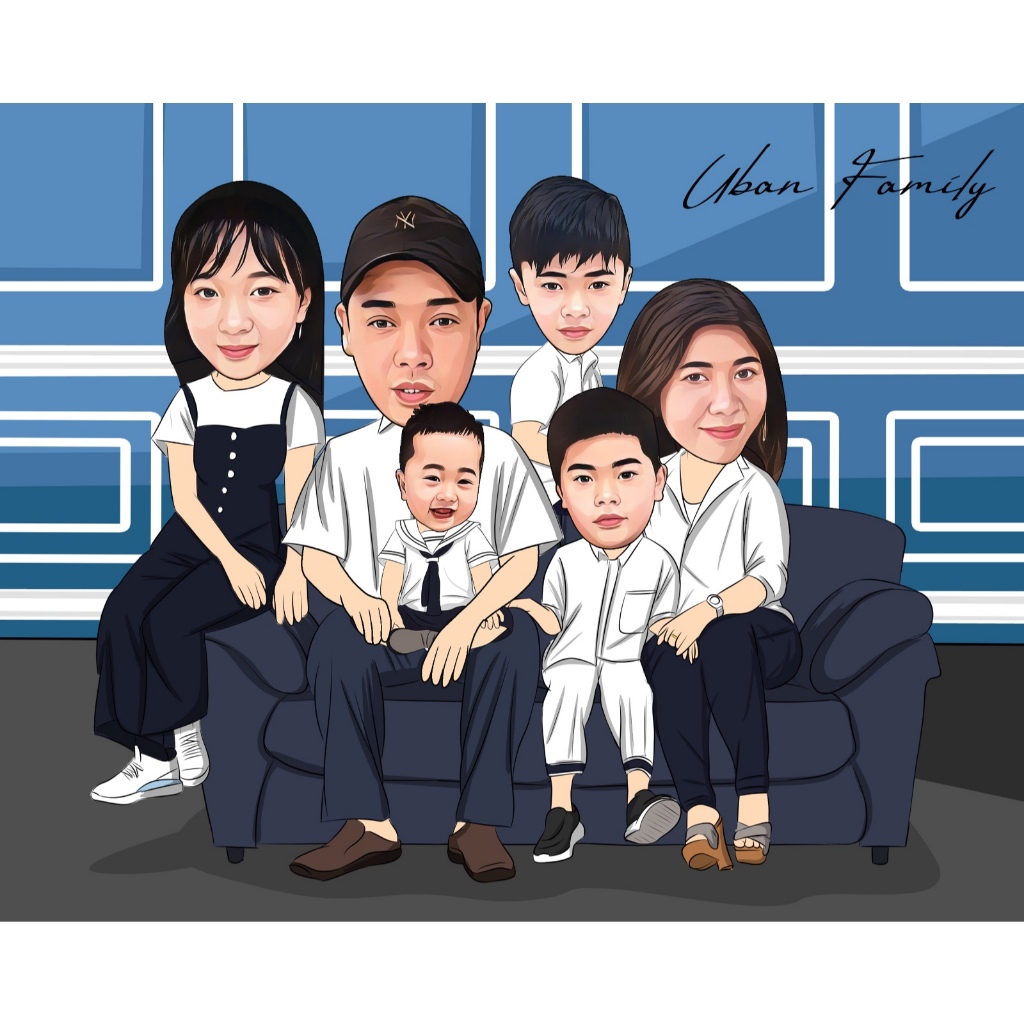 Karikatur Wajah Keluarga Custom Foto dan Bingkai Kado Perpisahan Sketch Digital