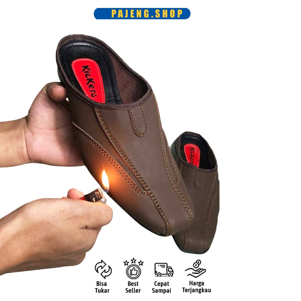 Sandal Sepatu Pria Kulit Asli Kickers Casual Bustong Original Murah Kualitas Sendal Selop Cowok