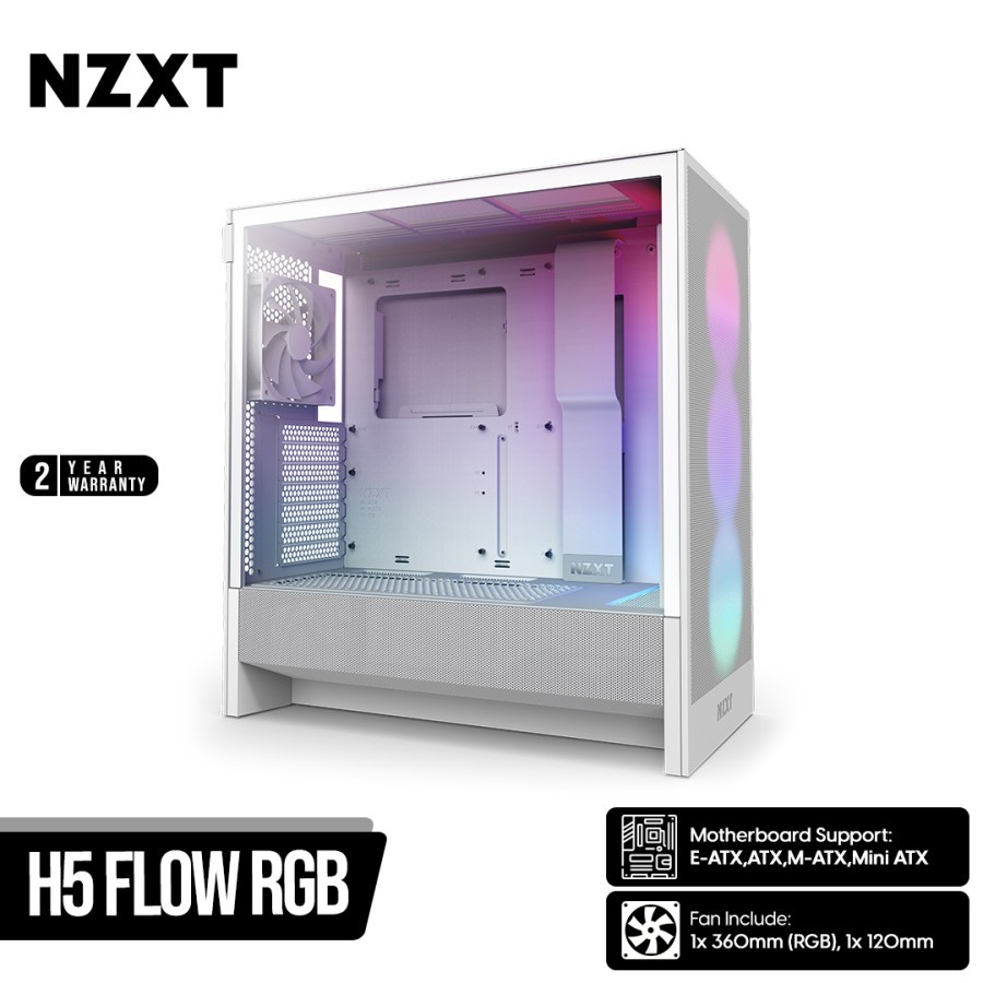 Casing PC Komputer NZXT H5 H-5 Flow RGB  | Mid Tower | ATX Case | 2 Fan RGB | White Putih