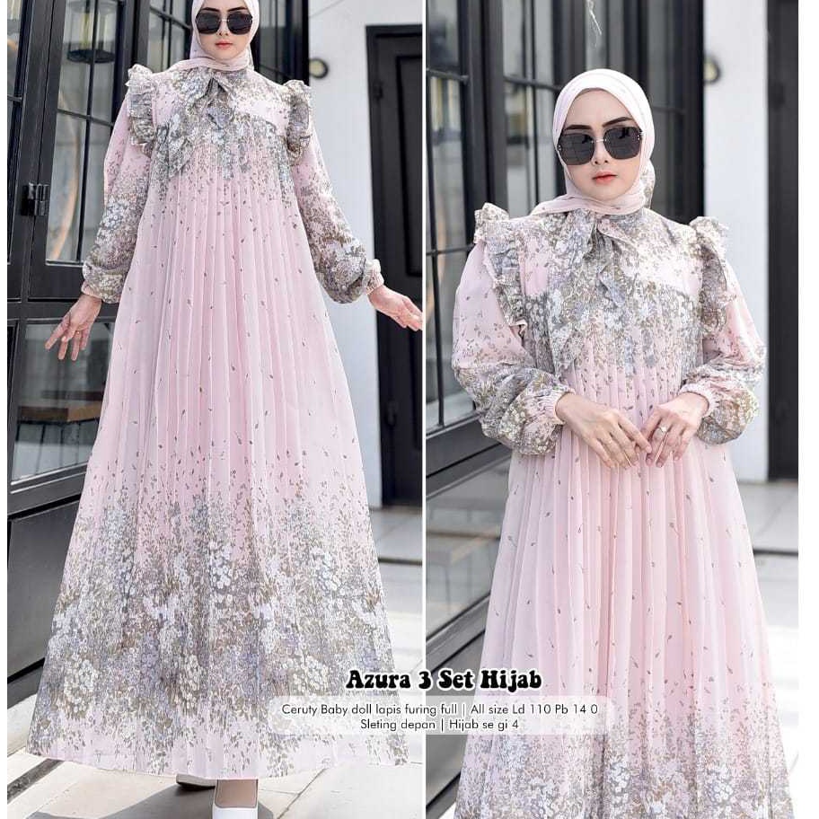 Azura 3 Set Hijab Segi4  Adinda Set Khimar Syarii  Gamis Plisket Dress Wanita  Terbaru