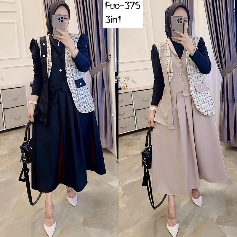 Set rok korean style rok vest casual outfit muslim dress wanita 3in1