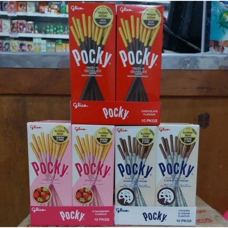 

POCKY by Glico Biskuit Stik Rasa Cokelat/Stroberi/Cookies Cream 22 gr Mini isi 10 kotak / Pak