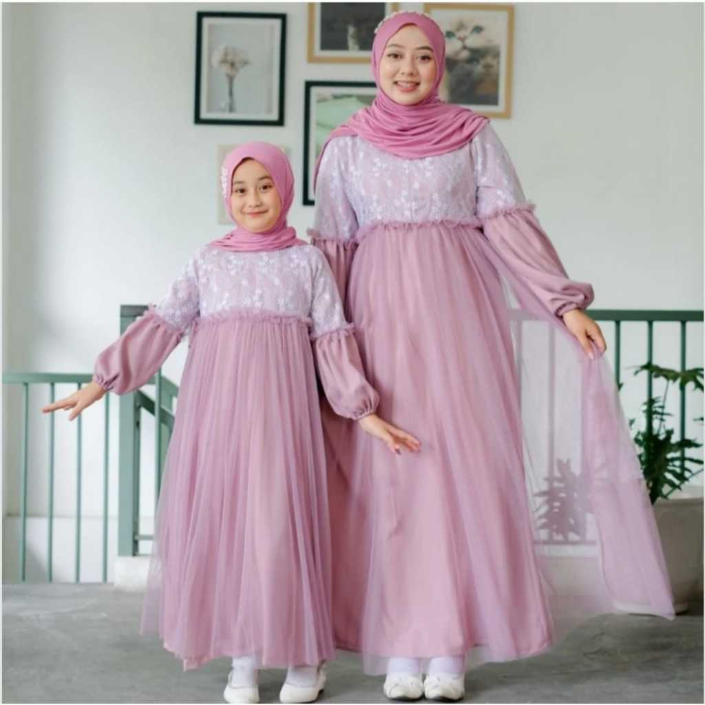 Kiukiu Gamis Couple Ibu dan Anak Faliha Dress Couple - Gamis Ibu Anak 3-6 Tahun Ukuran S M Bahan Sat