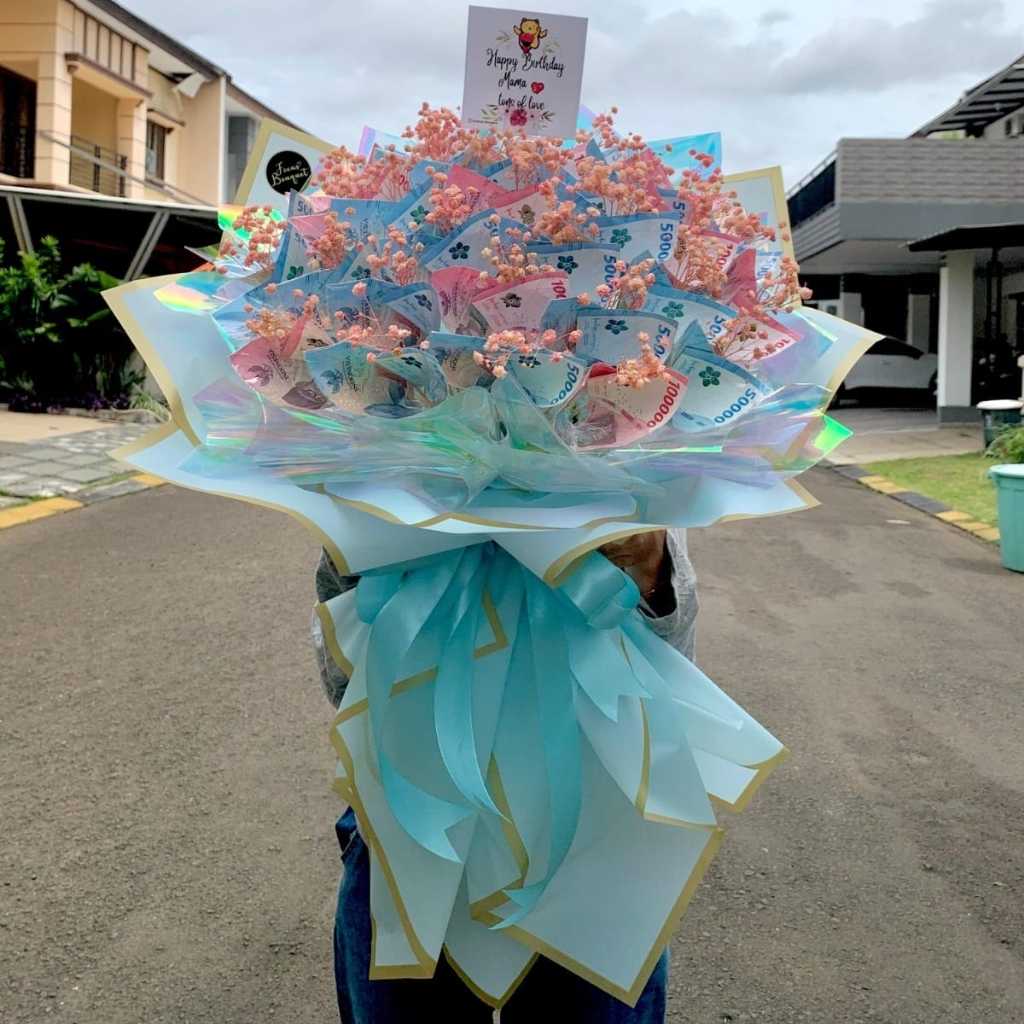 Lily Round Full Baby Breath Money Bouquet ( 50 - 100 Lembar) Hadiah Ulang Tahun / Hadiah Suprise / L