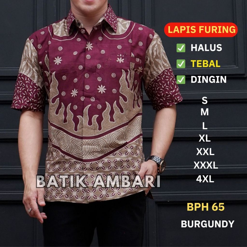 Batik Lapis Furing Kemeja Batik Pria Lengan Pendek Standar dan Jumbo Burgundy Batik Ambari BPH 65