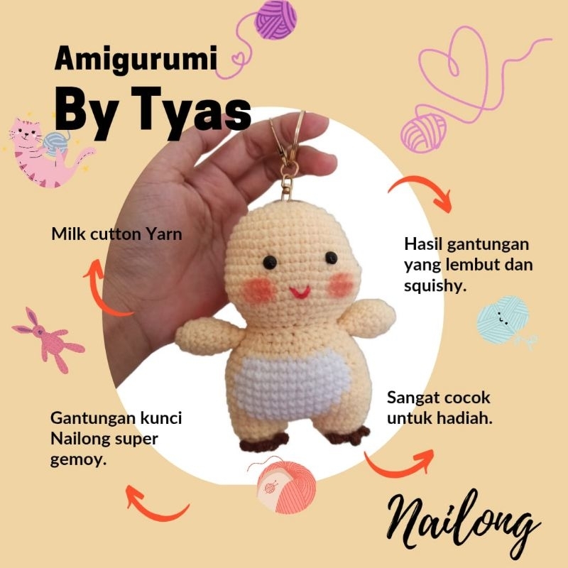 Nailong Amigurumi Gantungan Kunci Boneka Rajut Gemoy Dino Kuning Lucu