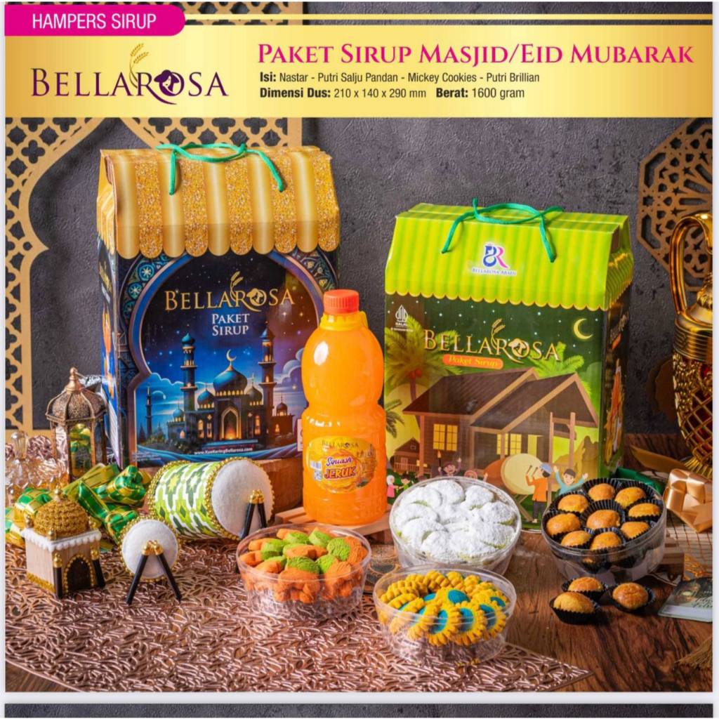 

BELLAROSA PAKET SIRUP MASJID / EID MUBARAK DAN KUE HAMPERS LEBARAN