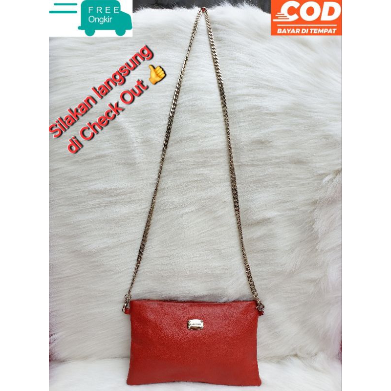 Casgoote Tas Selempang Wanita Sling Bag Tali Rantai Mini Dompet Kulit Asli Orange