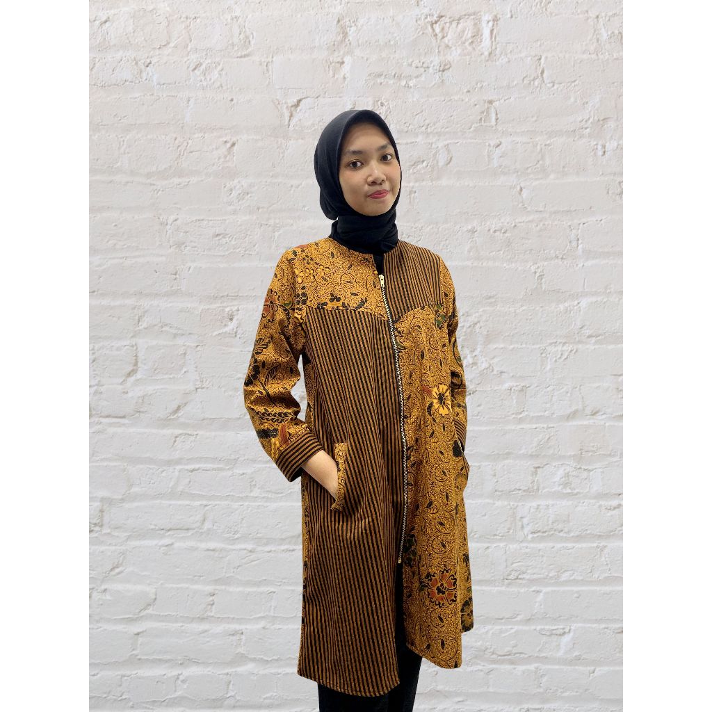 Tunik Batik AZV Atasan Perempuan Lengan Panjang Kemeja Batik Coklat