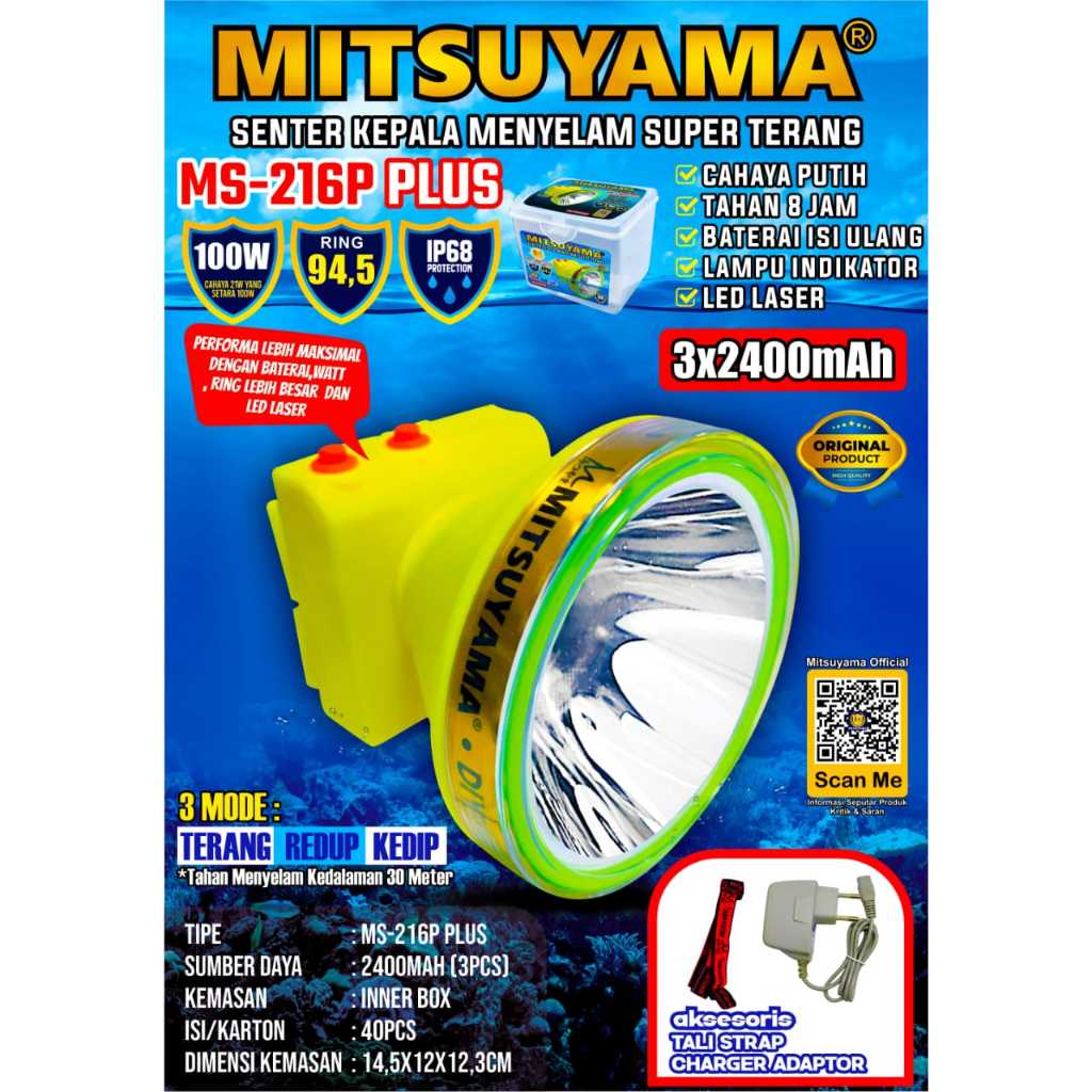 Senter Kepala Selam Diving Head Lamp Mitsuyama 100 Watt Cahaya Putih MS-216P Plus