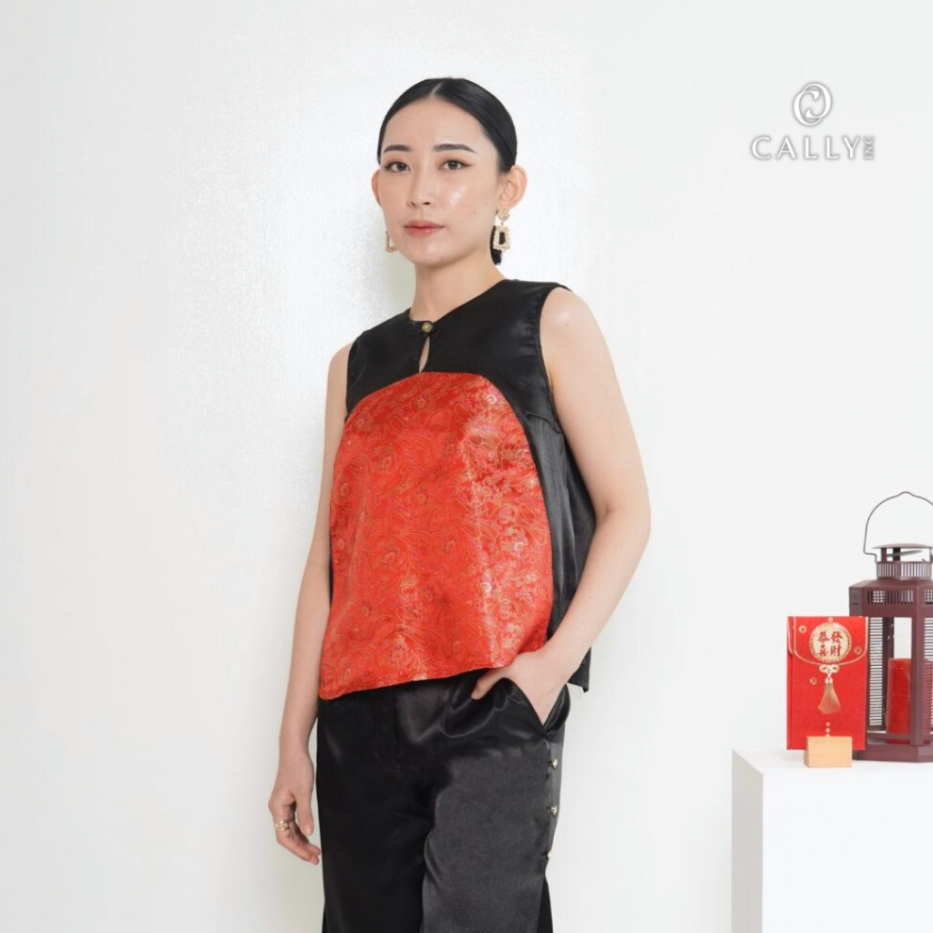 CALLY.INC | Blouse Tanpa Lengan Korea Style Sleeveless Top Wanita Baju Atasan China Style Black Size