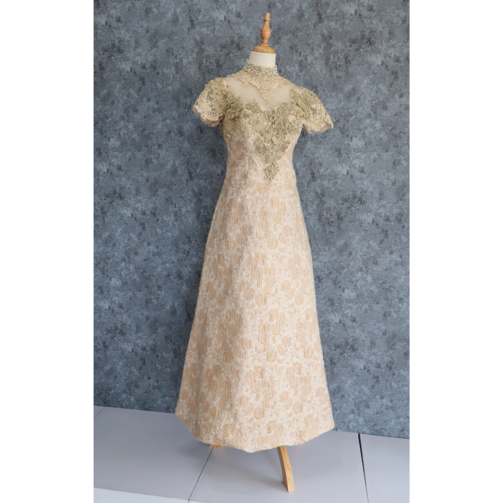 Champagne Jacquard Pattern Gold Brukat Dress Mewah Preloved Second