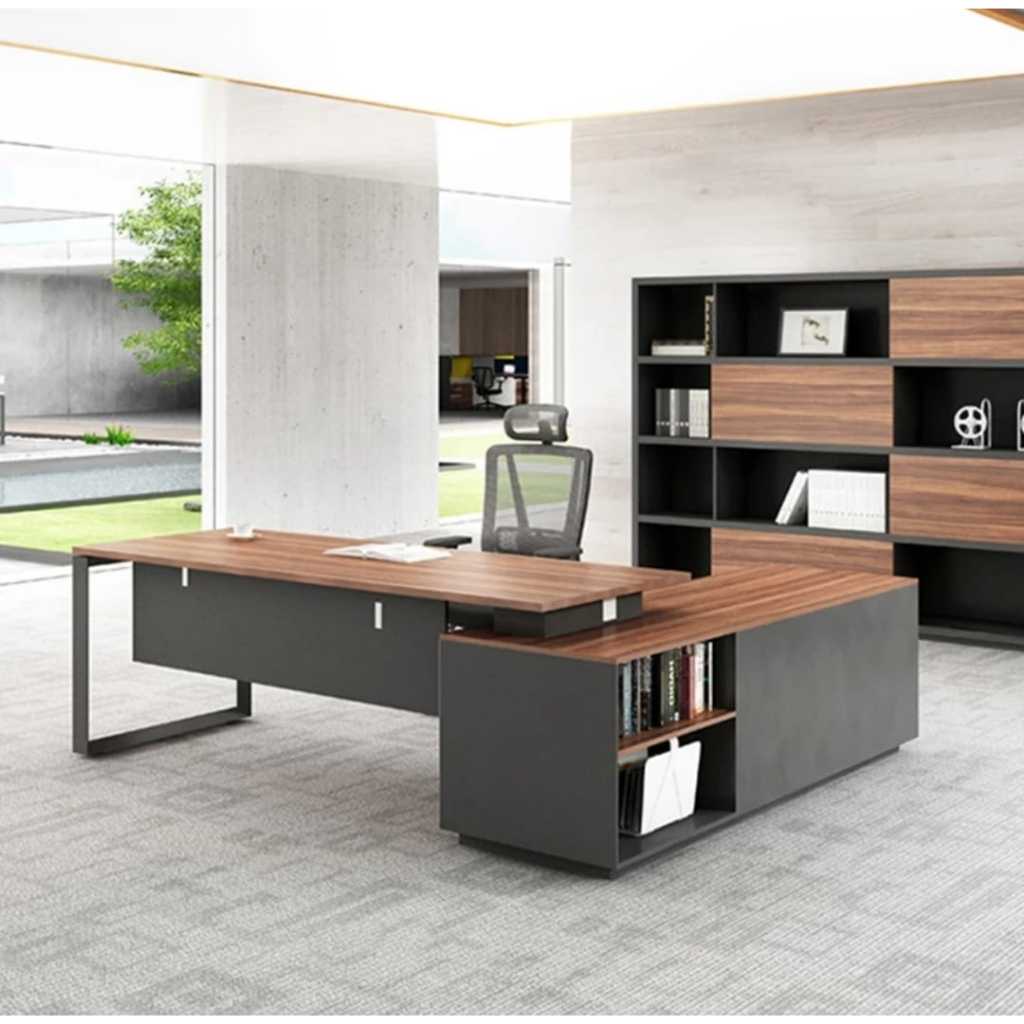 Meja direktur Model L dengan Laci Kaki Besi Custom HPL Multiplek /Custom Ruang Kantor Kerja Office  