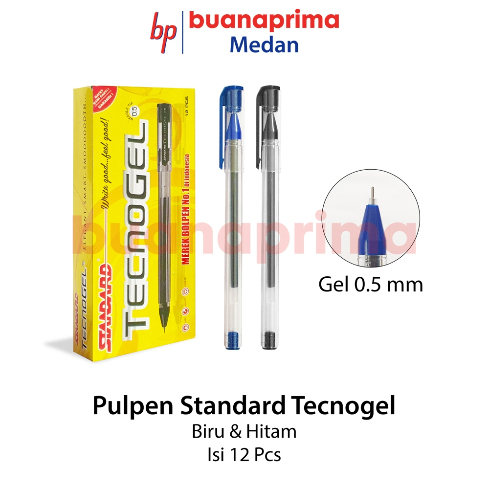 

Pulpen STANDARD TECNOGEL Tip 0.5 mm isi 12 pcs Pena Pen Gel Cair Hitam Biru
