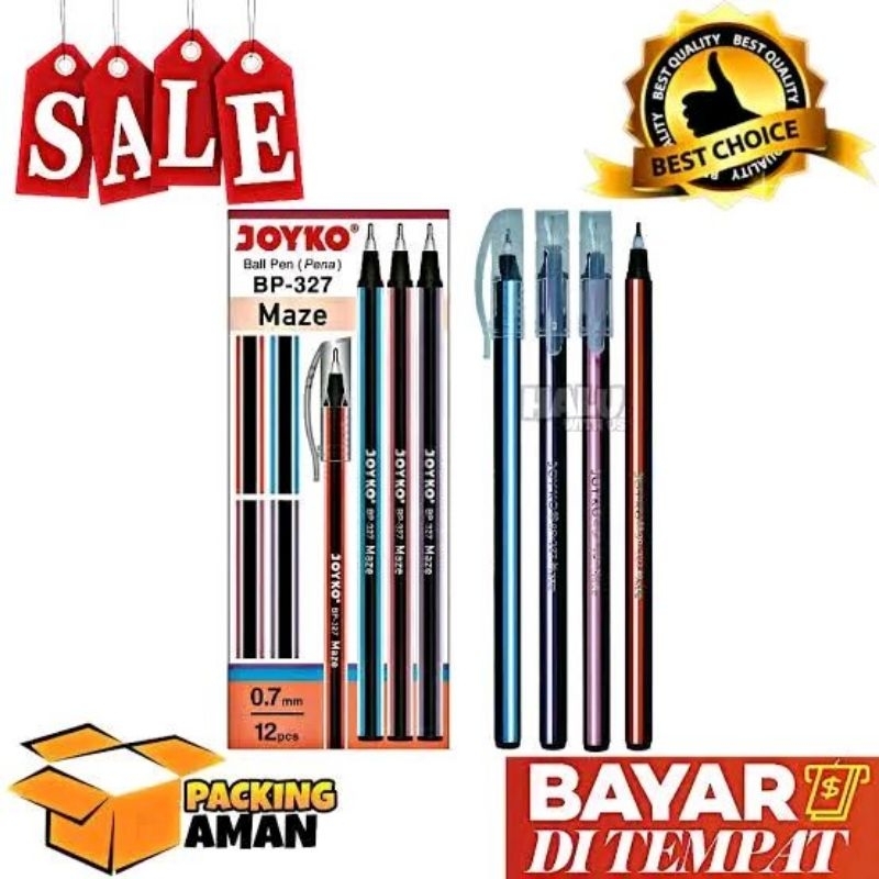 

(1 Pak Isi 12 Pcs) Pulpen Murah / Bolpen Lilin / Pen Joyko Maze 0.7mm BP 327 Pena Tinta Hitam - Stationery