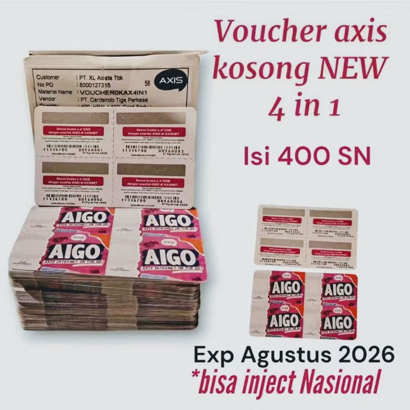 Voucher Axis kosong 1box isi 400 SN/100 lembar. Exp. 1 Agustus 2026