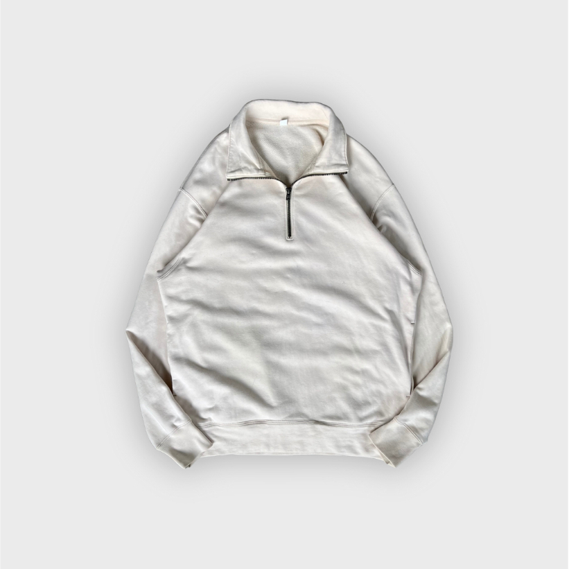[M-L] Uniqlo Halfzip Sweatshirt Cream I Vintage Vtg Retro Kemeja Garis-garis Salur Outer Woll Vetera
