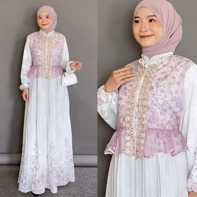 Alika Kirana Dress Ceruti Mix Brukat Motif - Gamis Etnik Raya Series - Baju Pesta Kondangan Lebaran 