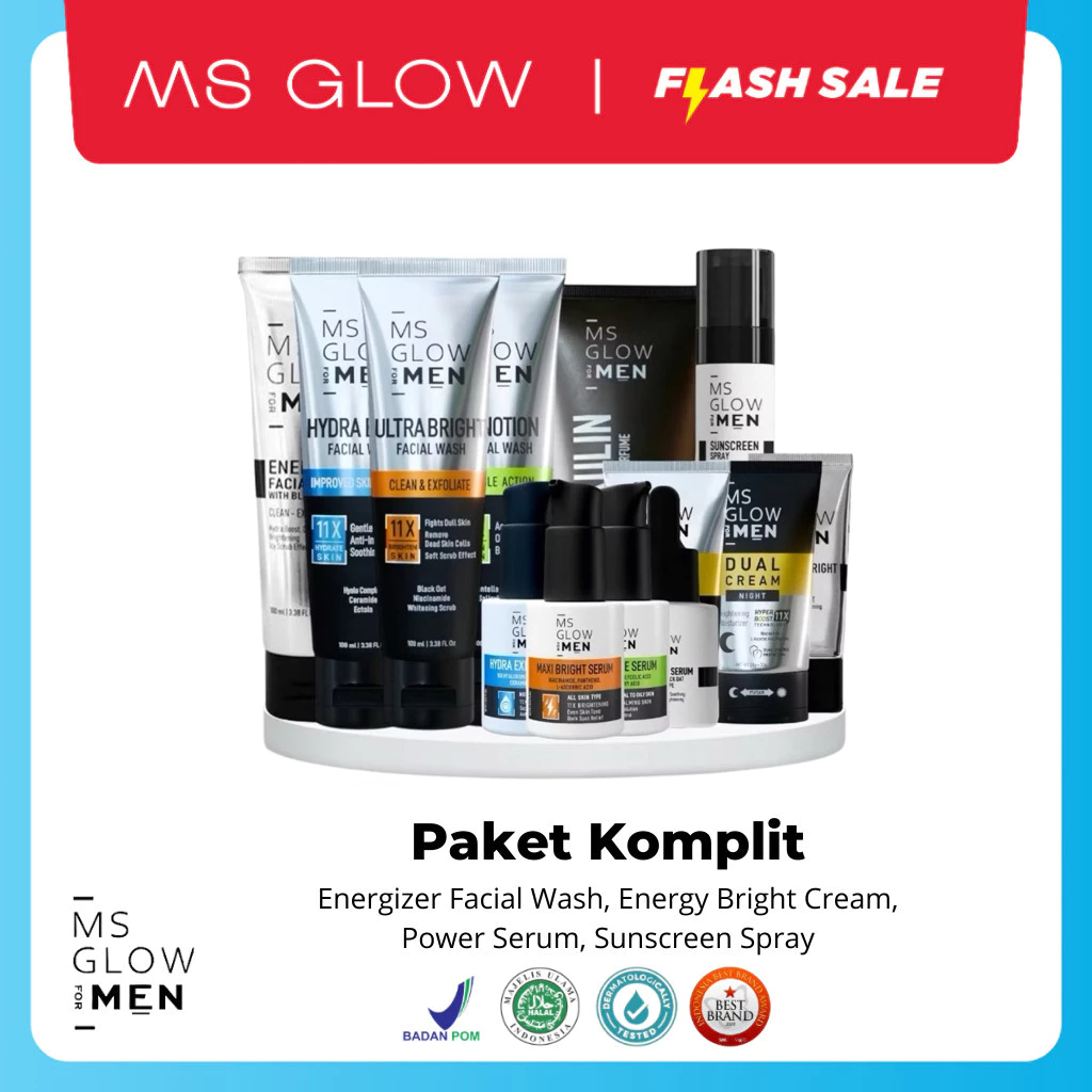 MS GLOW FOR MEN - PAKET BASIC ISI 3 BRIGHTENING HYDRATING ACNE LENGKAP 4 ECER ENERGIZER FACIAL WASH 