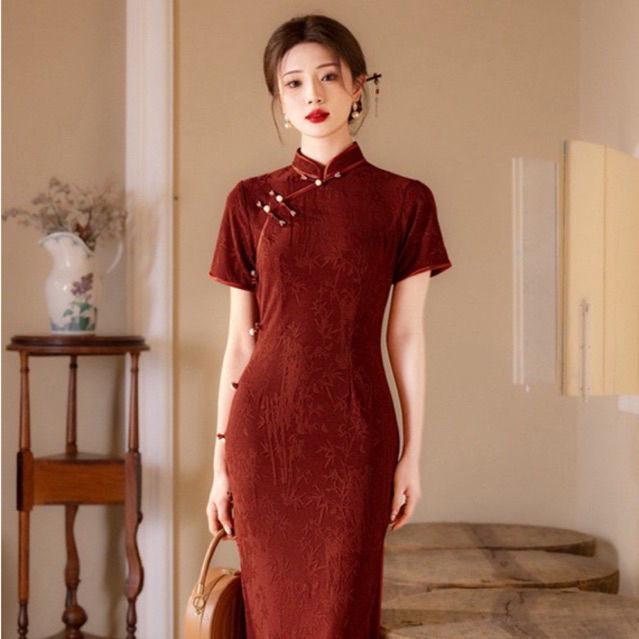 [READY STOCK] HONG LI Cheongsam Long Dress - Baju Qipao Wanita Terusan Warna Merah Bata Bahan Polyes