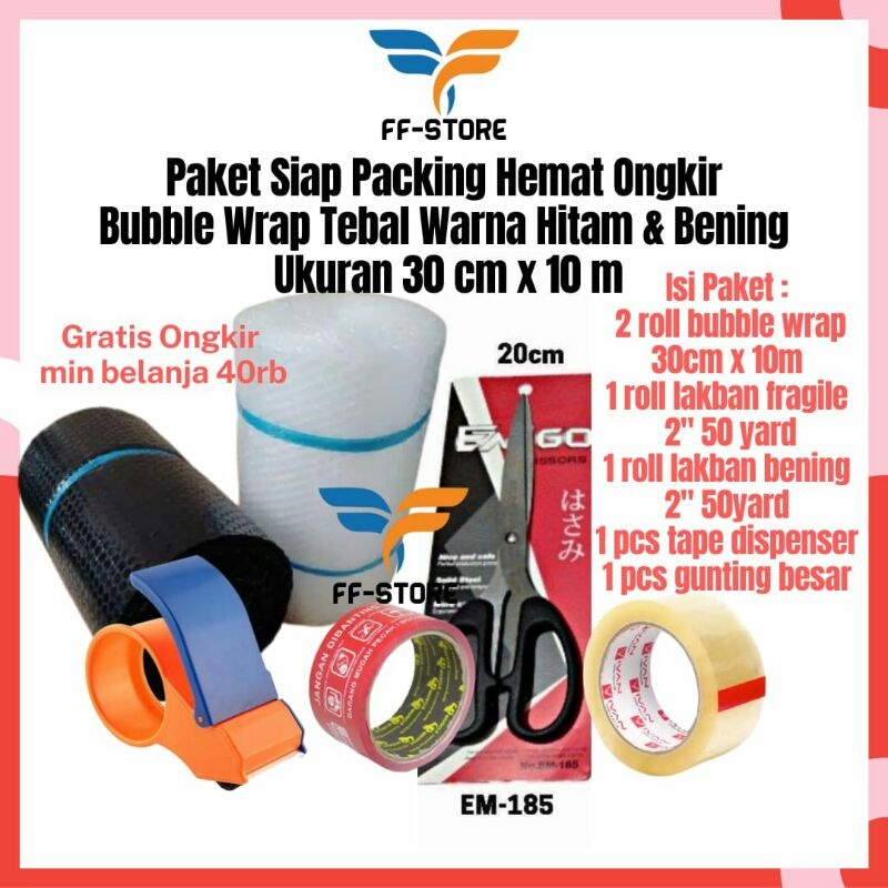 

[10Mx30CM] Paket Lengkap Bubble Wrap Bandung 10m x 30cm Lakban Fragile Merah Jangan Dibanting Lakban Bening Gunting Tape Dispenser