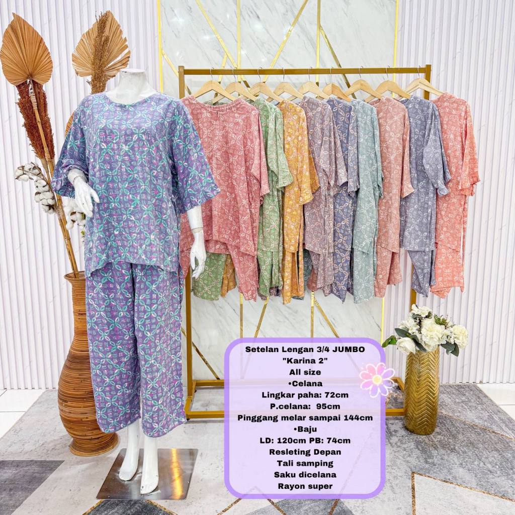 Alizta Setelan Jumbo Lengan 3/4 One Set Batik Cap Pekalongan Piyama Rayon Super Babydoll Busui All S
