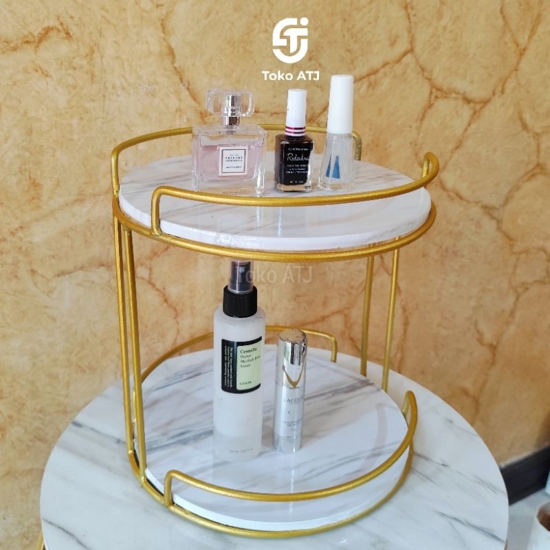 Rak 2 Susun Bulat Serbaguna Untuk Rak Air Mineral Rak Skincare Warna Gold Motif Marble