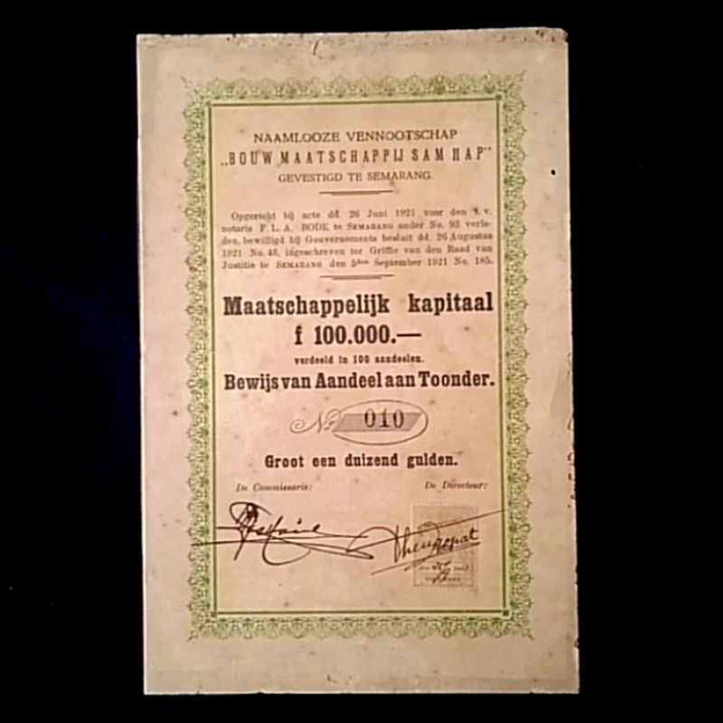 

Antik Surat Obligasi Lama BAOW MAATSCHAPPIJ SAM HAP SEMARANG 1921