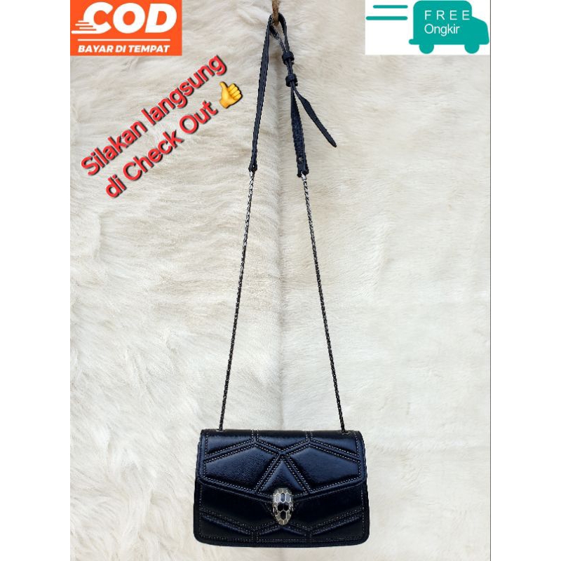 Tas Sling Bag Selempang Wanita Kulit Asli Tali Rantai Hitam