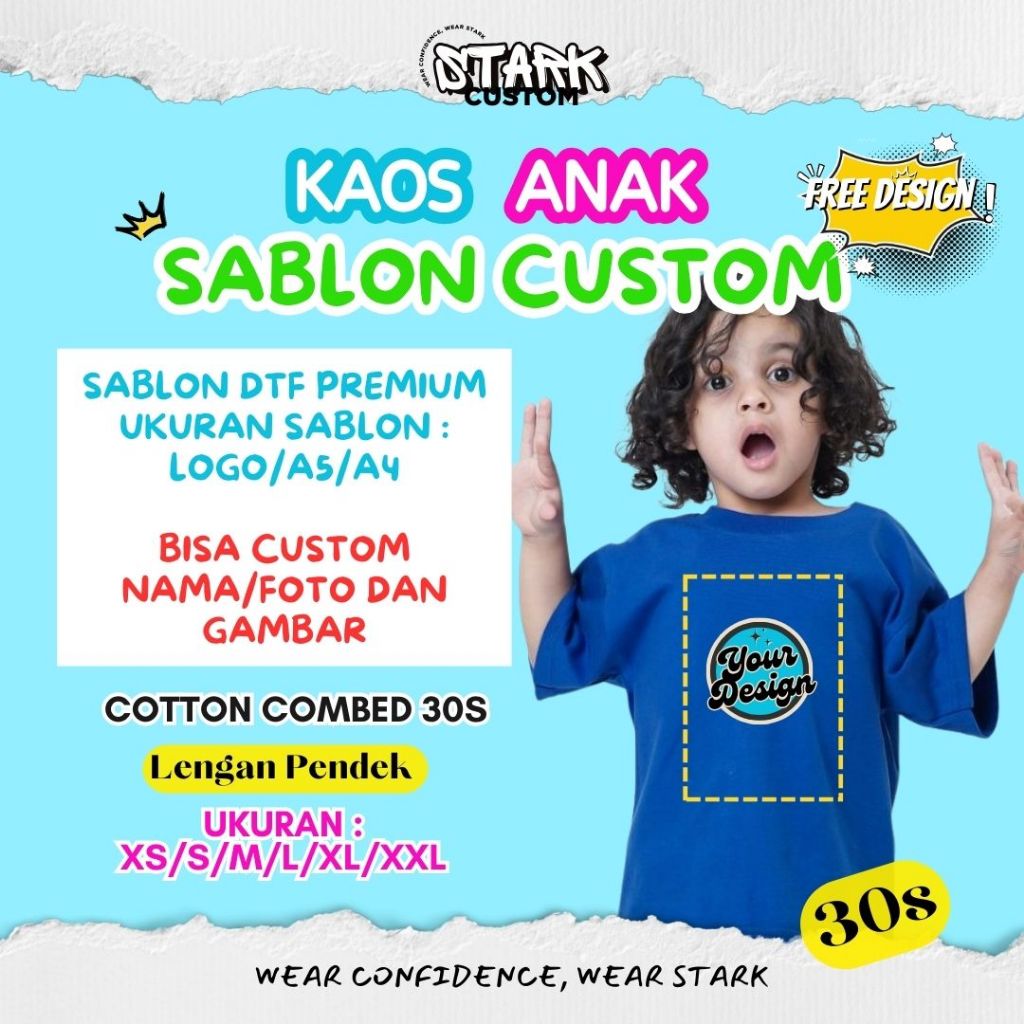 Kaos Anak Custom Gambar/Foto/Tulisan Design Sendiri Kaos Custom Anak XS-XXL