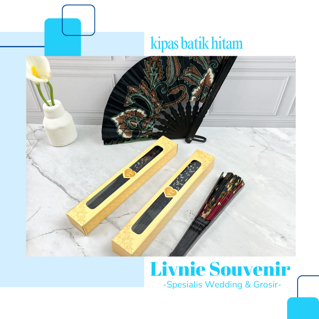 Souvenir Kipas Batik Gagang Hitam Plastik kemasan box/mika