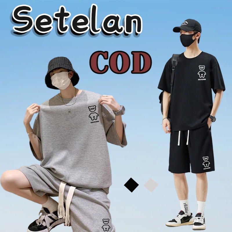 Baju setelan kaos pria Korea Leher Bulat atasan + Celana kaos jas beruang kaos pria 45-85kg oversize