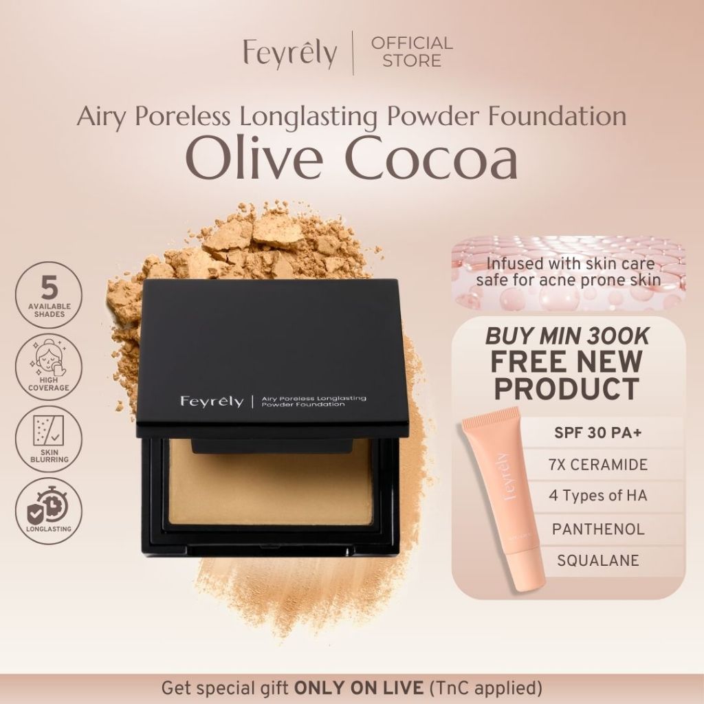 FEYRELY Airy Poreless Longlasting Powder Foundation - Olive Cocoa | Bedak Padat | Loose Powder | Bed