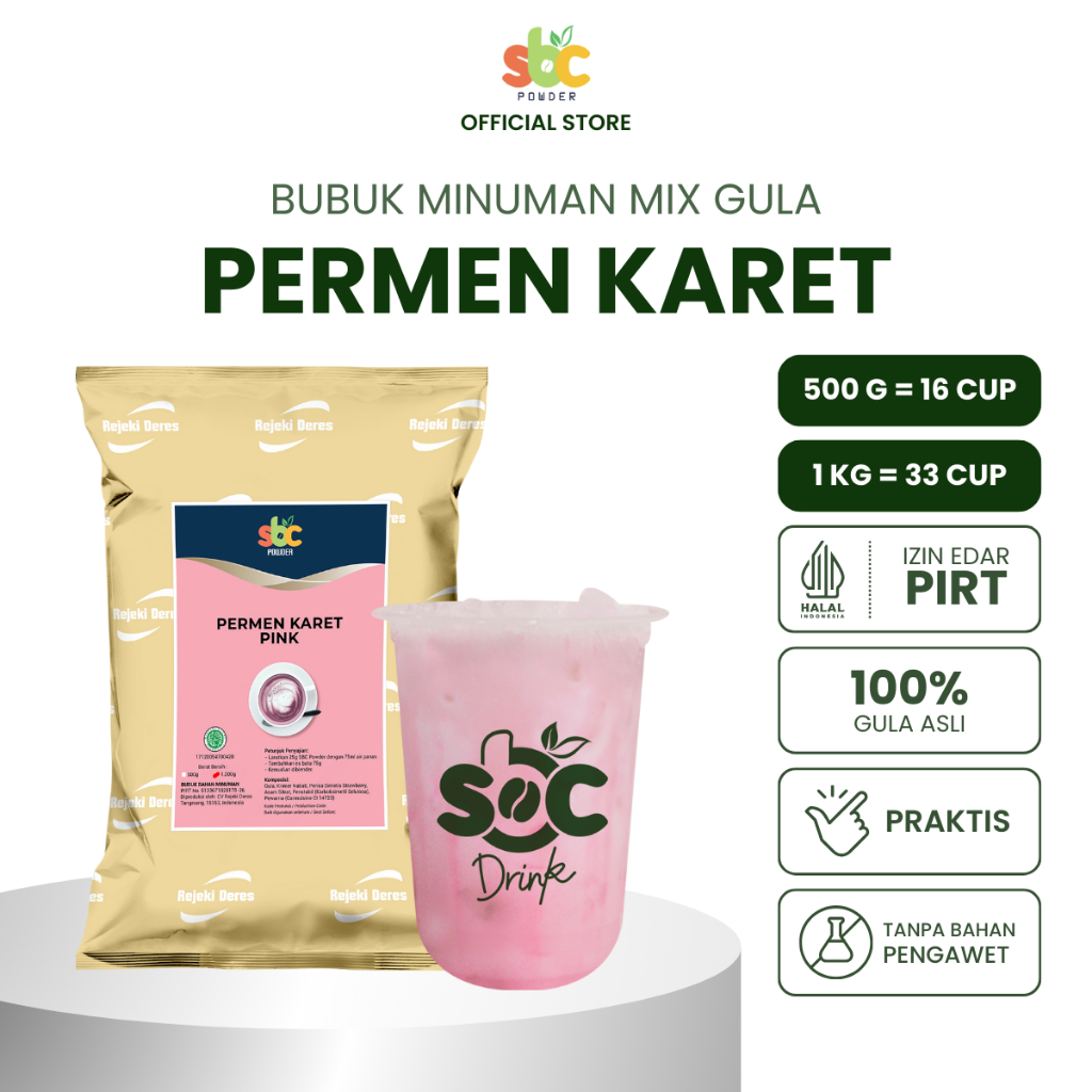 

SBC - Bubuk Minuman SBC Permen Karet Pink 500g / Powder Minuman Rasa Permen / Bubuk Usaha Minuman / Minuman Viral