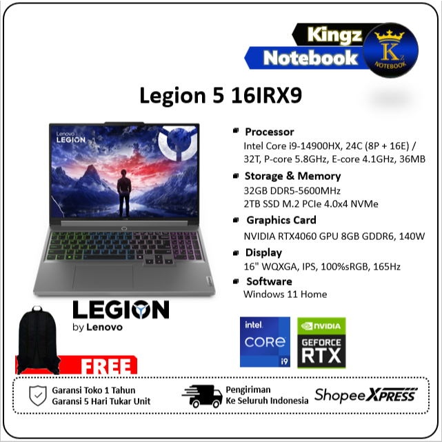 Lenovo Legion 5i RTX4060 Core i9 14900HX 64GB 2TB SSD Win11 16" WQXGA 165Hz