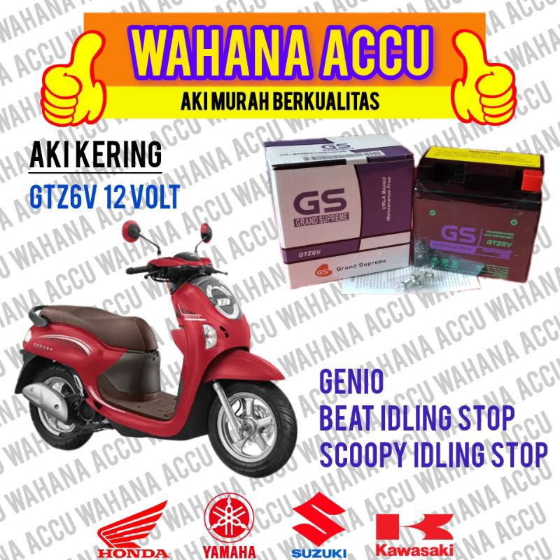 AKI MOTOR BEAT IDLING STOP, SCOOPY IDLING STOP AKI KERING GS GTZ6V GRAND SUPREME 12V6AH
