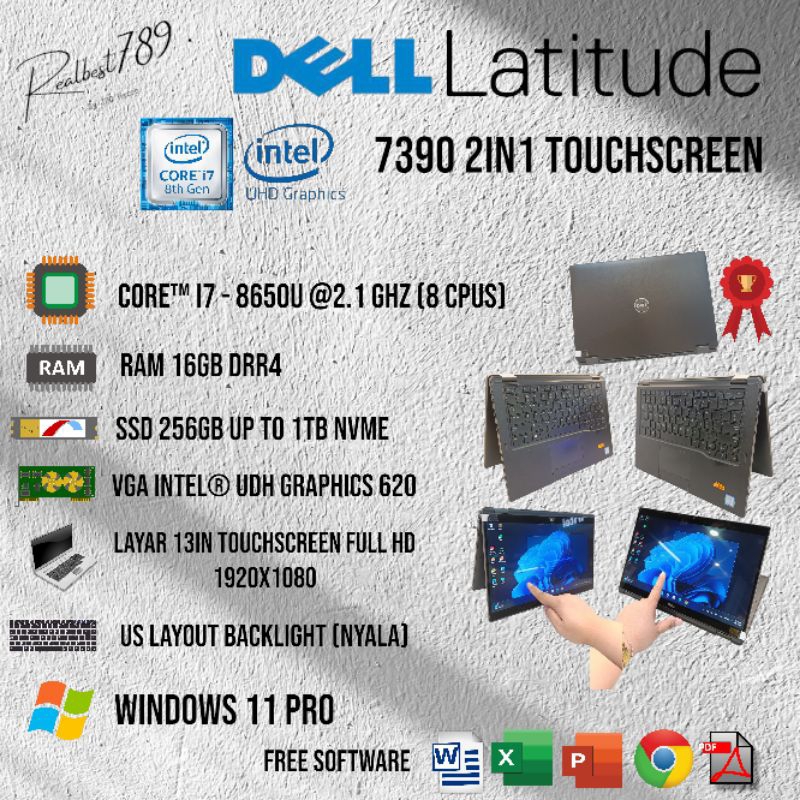 Laptop 2in1 Dell Latitude 7390 Core i7 8650u (Gen 8) Ram 16GB Ssd 1TB Layar 13in Touchscreen Bisa Fl