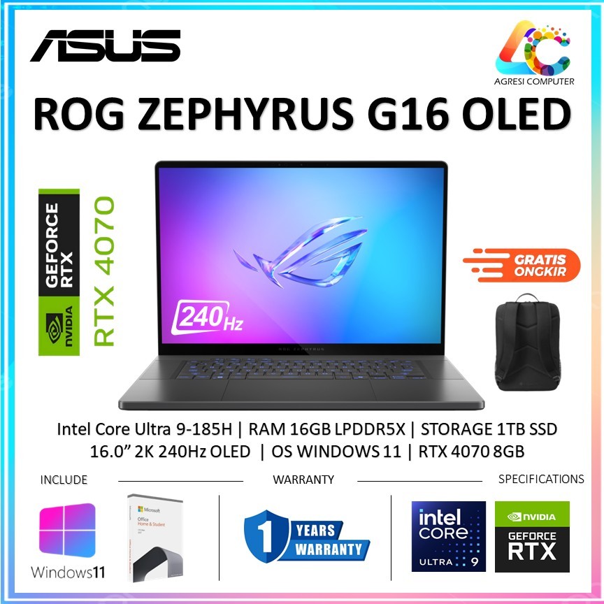 Asus ROG Zephyrus G16 OLED Intel Ultra 9-185H RTX 4070 RAM 16GB 1TB SSD 16.0" 2K 240Hz OLED WIN 11