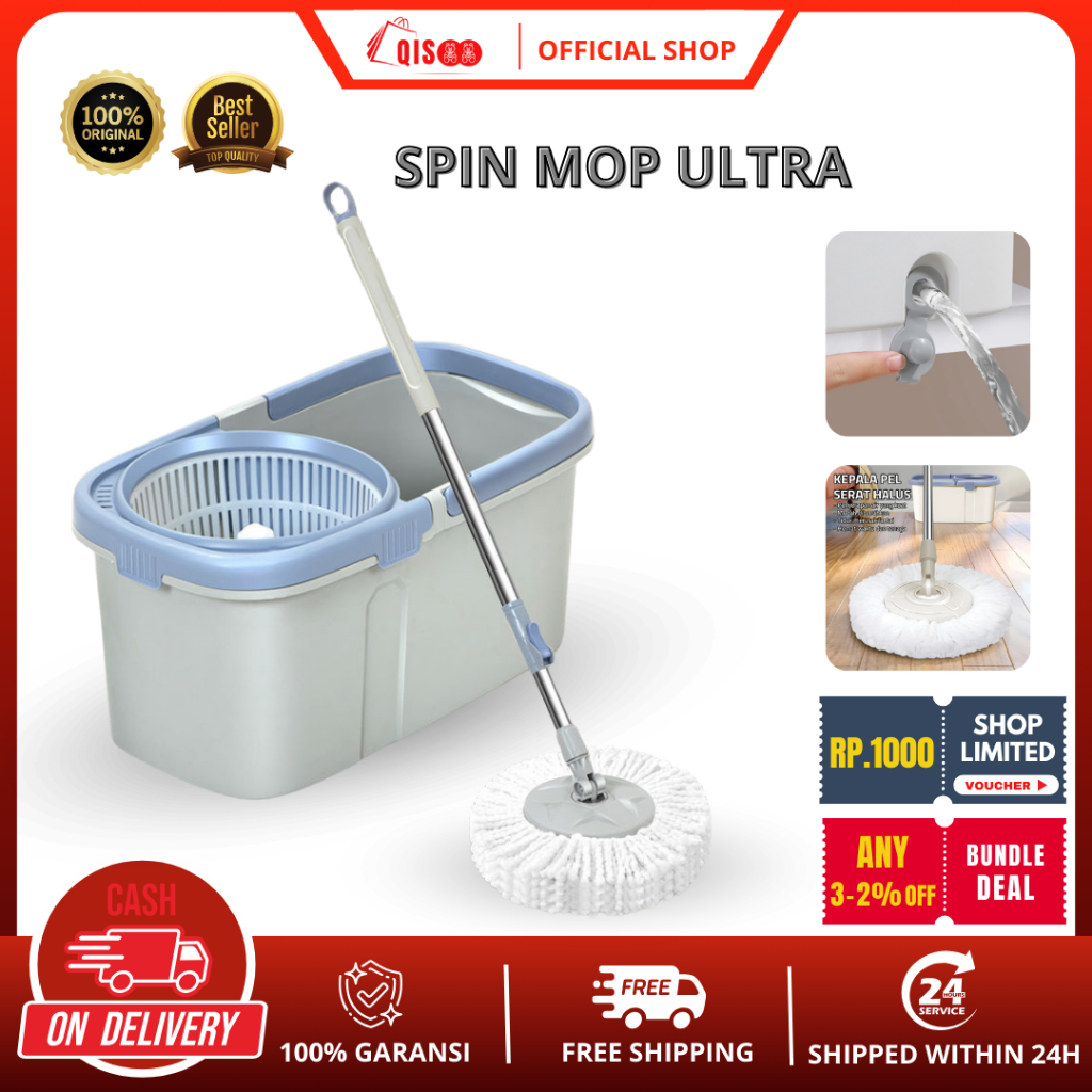 NEW PRODUCT QISOO ALAT PEL LANTAI PUTAR OTOMATIS TWIST MOP STAINLESS UKURAN BESAR DENGAN RODA PEL