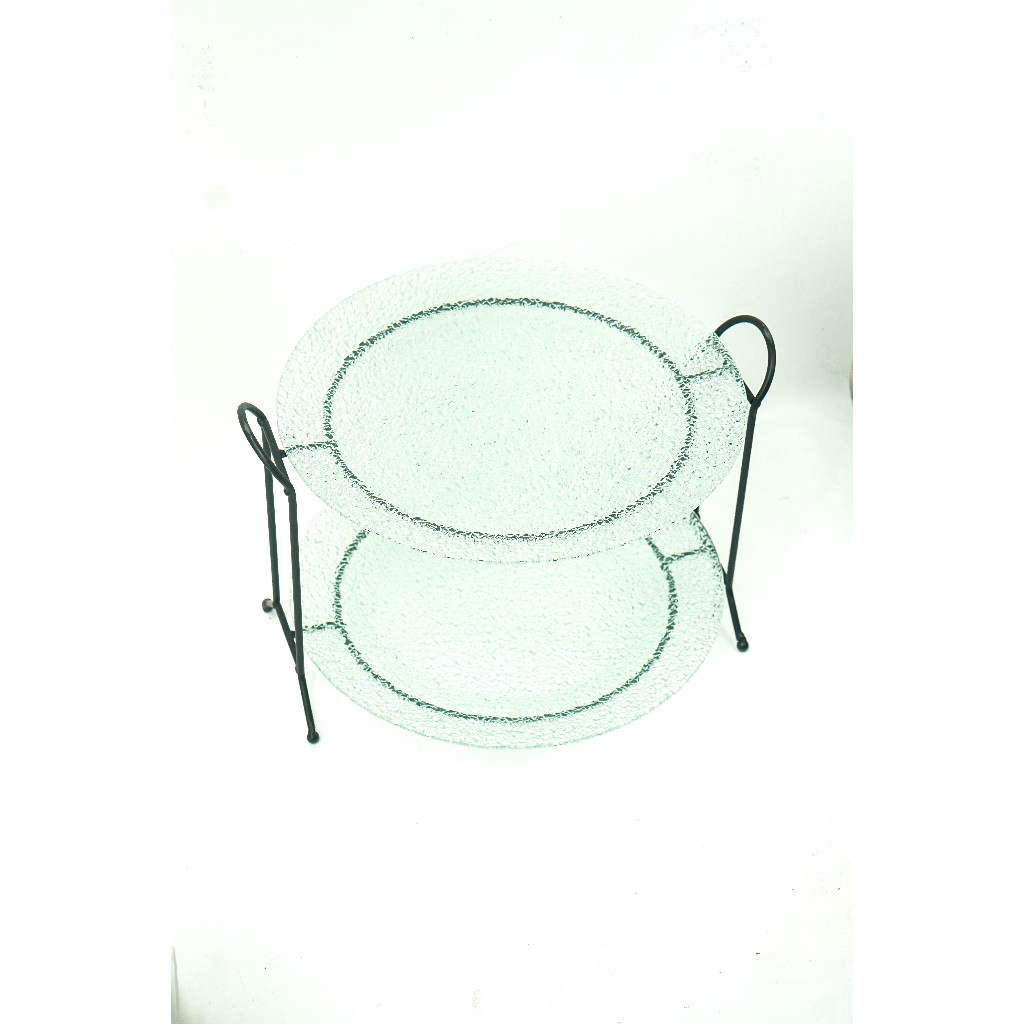 2 Tier Round Glass Serving Tray with Black Stand Piring Kaca Susun 2 Kue Cupcake Buah Set Catering